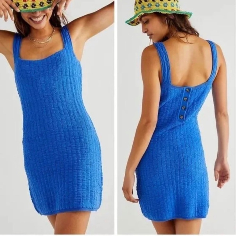 New Free People Bright Blue Short N Sweet Sweater Minidress Women's size L - Picture 1 of 4